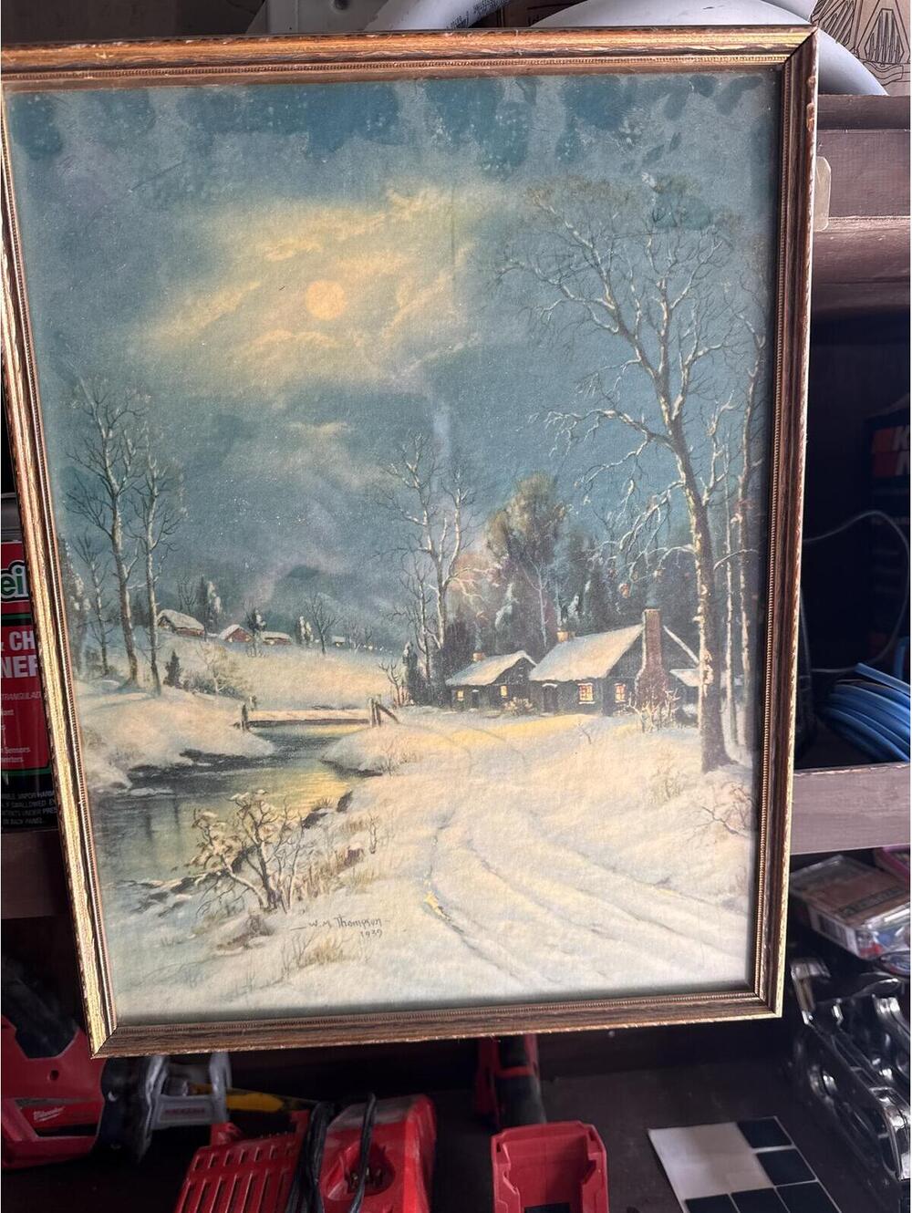 Vintage Winter Landscape Painting Signed W.M. Thompson 1939